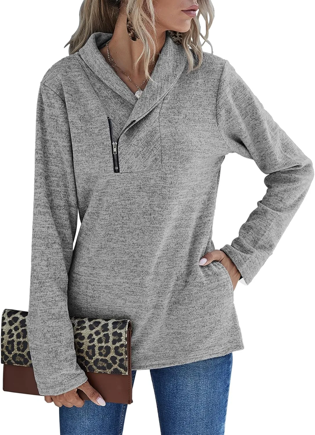 Romanstii Quarter Zip Sweatshirt for Women Fall Long Sleeve Cowl Neck Top 2024 Fashion Pullover with Pockets
