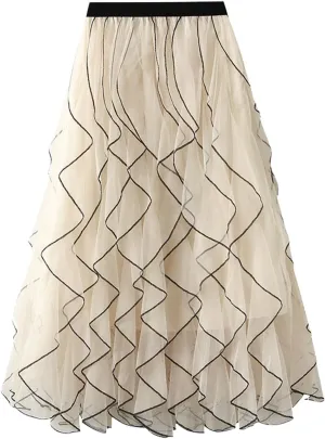 Ruffle Skirts for Women 2025 Summer Elastic Waisted Patchwork Swing A-Line Tiered Tulle Skirt