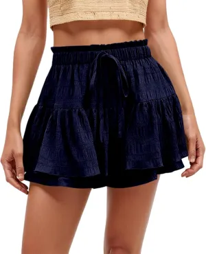 Ruffled Ruched Skorts for Women High Waisted Tiered Mini Skort 2025 Summer Boho Casual Beach Comfy Shorts Skirt