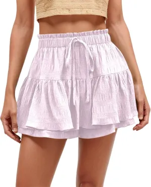 Ruffled Ruched Skorts for Women High Waisted Tiered Mini Skort 2025 Summer Boho Casual Beach Comfy Shorts Skirt