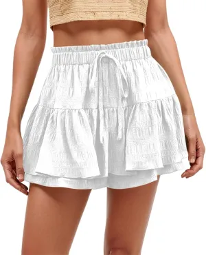 Ruffled Ruched Skorts for Women High Waisted Tiered Mini Skort 2025 Summer Boho Casual Beach Comfy Shorts Skirt