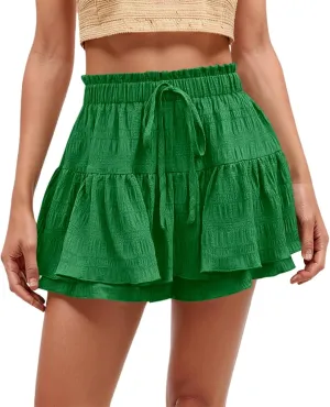Ruffled Ruched Skorts for Women High Waisted Tiered Mini Skort 2025 Summer Boho Casual Beach Comfy Shorts Skirt