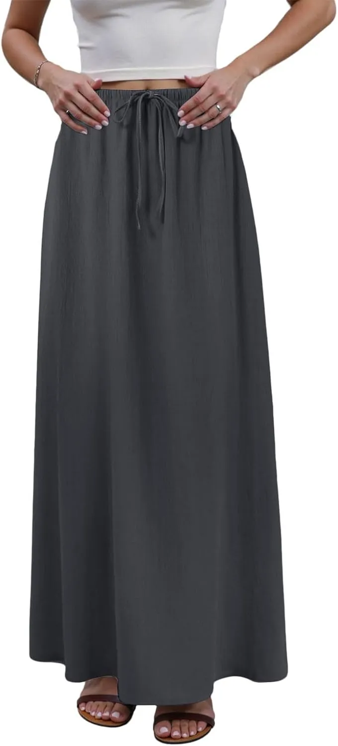 Rvidbe Maxi Skirts for Women Summer Casual Vacation Boho Elastic Waist Drawstring Cotton Linen Flowy Ankle-Length Skirt