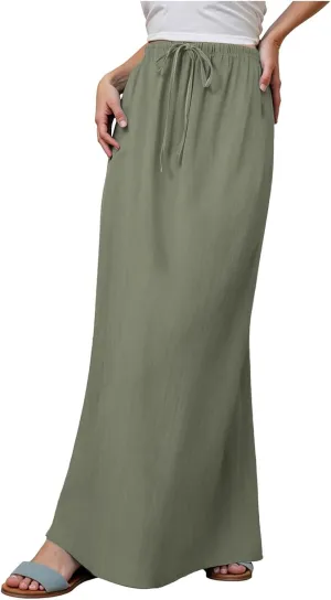 Rvidbe Maxi Skirts for Women Summer Casual Vacation Boho Elastic Waist Drawstring Cotton Linen Flowy Ankle-Length Skirt