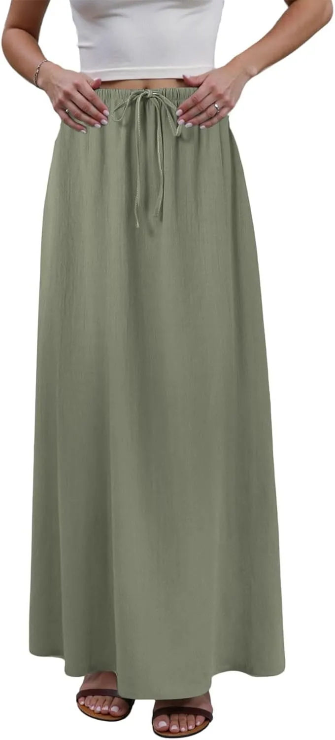 Rvidbe Maxi Skirts for Women Summer Casual Vacation Boho Elastic Waist Drawstring Cotton Linen Flowy Ankle-Length Skirt