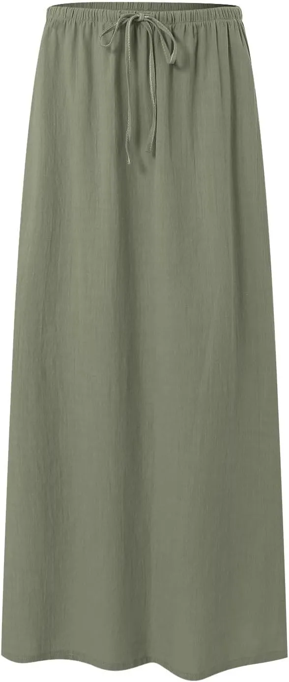 Rvidbe Maxi Skirts for Women Summer Casual Vacation Boho Elastic Waist Drawstring Cotton Linen Flowy Ankle-Length Skirt