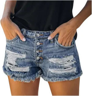 Rvidbe Womens Denim Shorts Teen Girls Casual Summer Mid Rise Stretchy Ripped Cuffed Hem Tassels Jean Shorts with Pockets Women's Denim Shorts High Waisted Jean Shorts Women