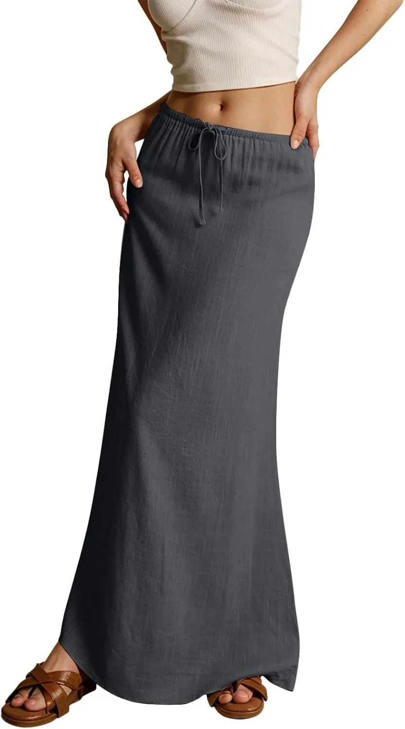 Rvidbe Womens Linen Maxi Skirts 2025 Summer Casual Vacation Boho Elastic Waist Drawstring Flared Flowy A-Line Long Skirt