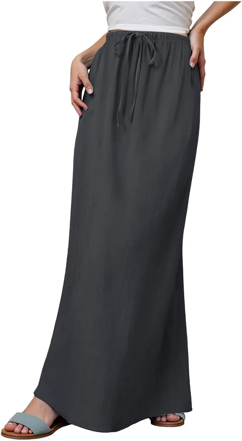 Rvidbe Womens Linen Maxi Skirts 2025 Summer Casual Vacation Boho Elastic Waist Drawstring Flared Flowy A-Line Long Skirt