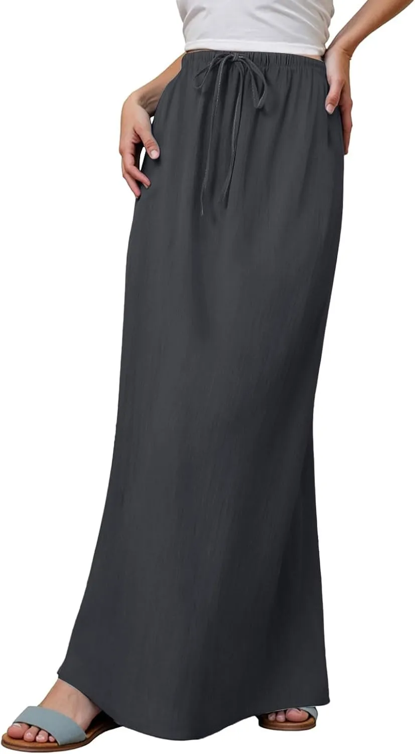 Rvidbe Womens Linen Maxi Skirts 2025 Summer Casual Vacation Boho Elastic Waist Drawstring Flared Flowy A-Line Long Skirt