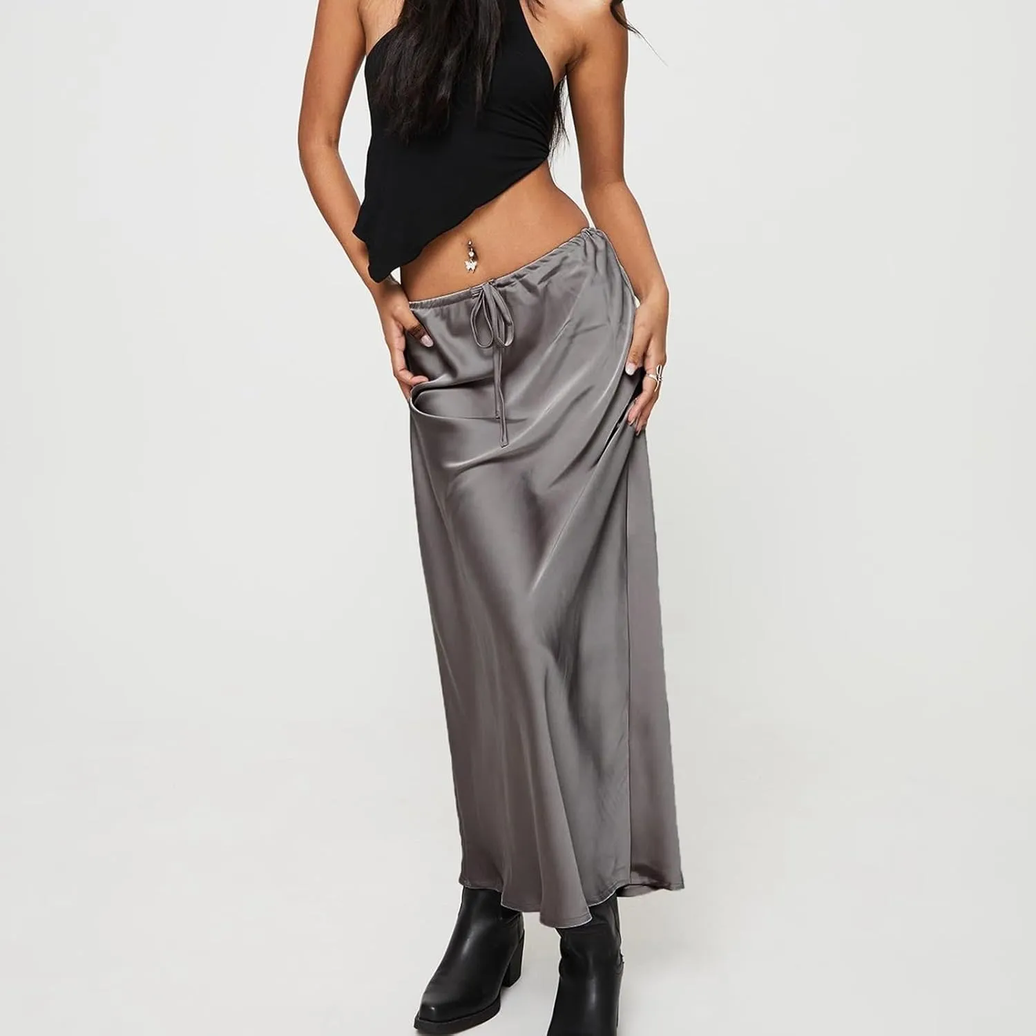 Satin Maxi Skirts for Women 2025 Summer Drawstring Elastic High Waisted Solid Color Slip Long Skirt