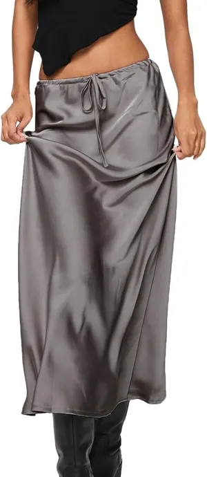Satin Maxi Skirts for Women 2025 Summer Drawstring Elastic High Waisted Solid Color Slip Long Skirt