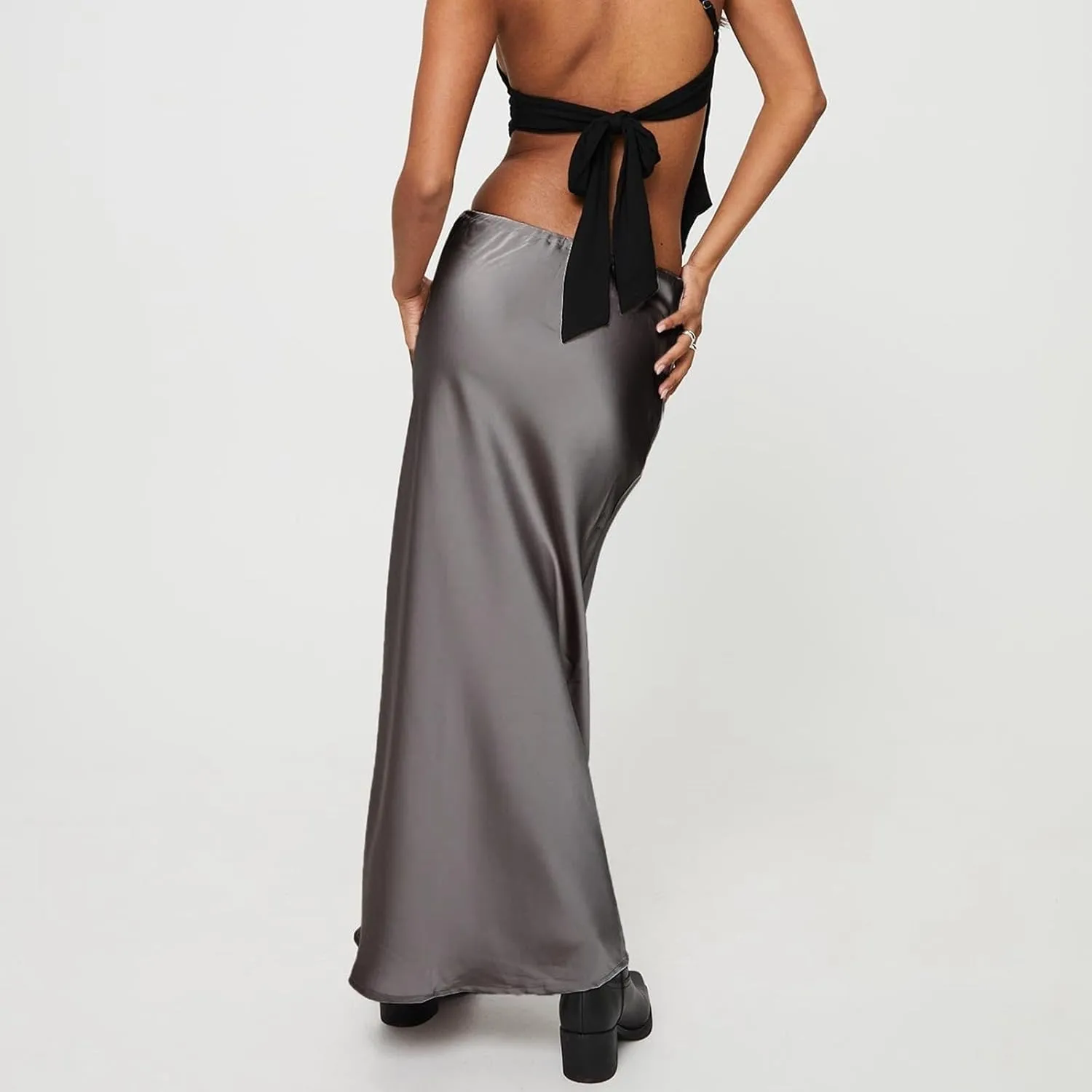 Satin Maxi Skirts for Women 2025 Summer Drawstring Elastic High Waisted Solid Color Slip Long Skirt