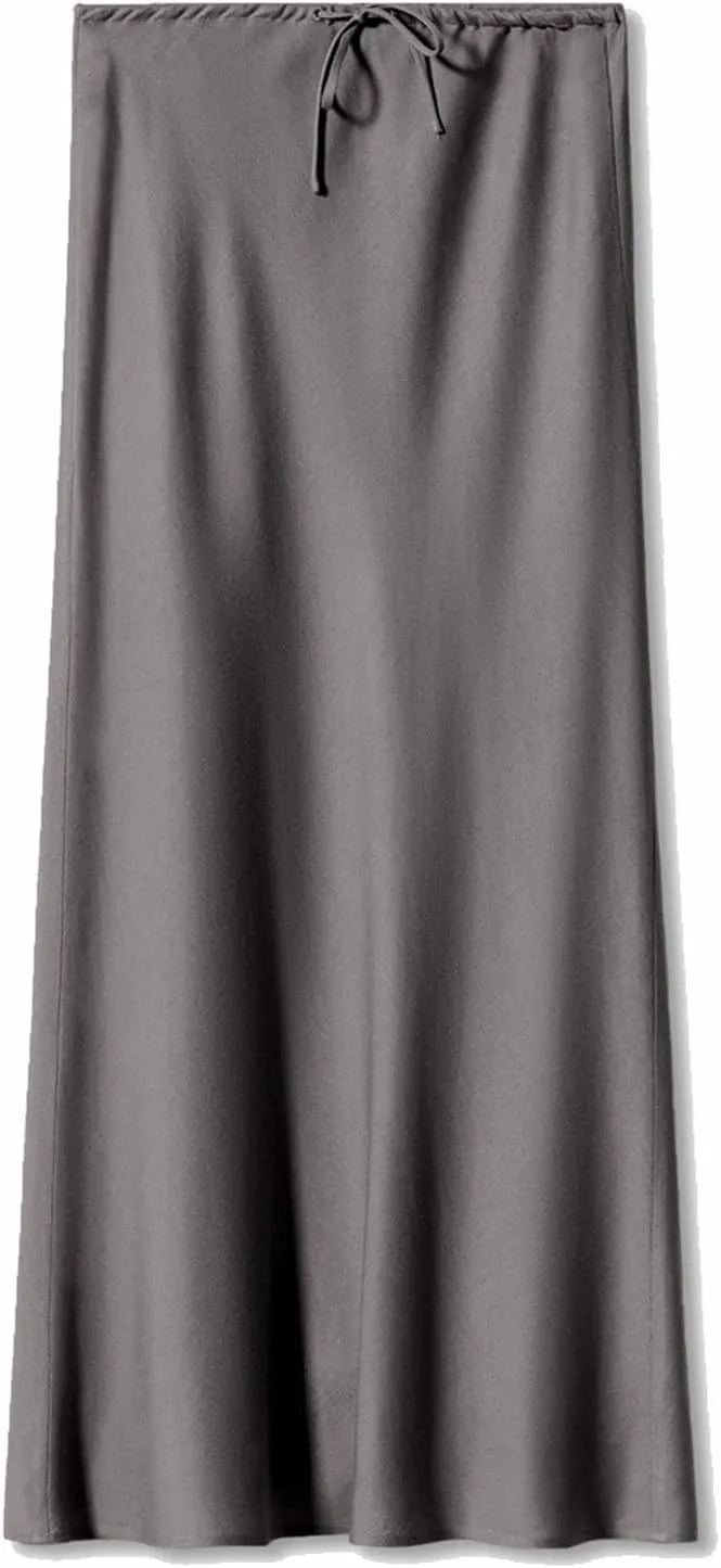 Satin Maxi Skirts for Women 2025 Summer Drawstring Elastic High Waisted Solid Color Slip Long Skirt