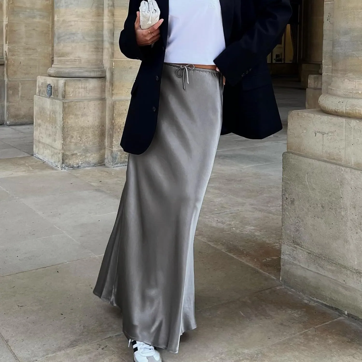 Satin Maxi Skirts for Women 2025 Summer Drawstring Elastic High Waisted Solid Color Slip Long Skirt