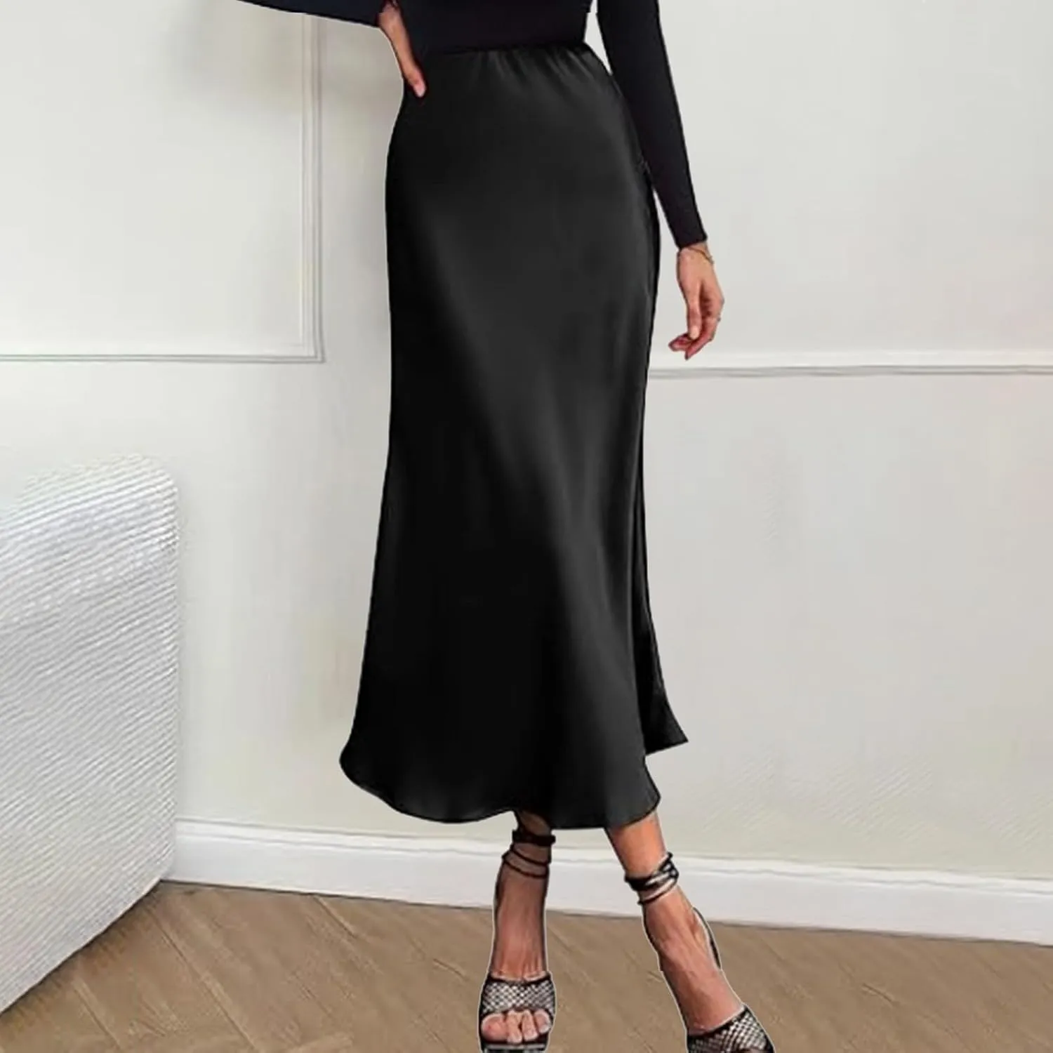 Satin Maxi Skirts for Women Elegant Elastic Waisted Flowy A-Line Swing Ruffle Long Skirt 2025 Summer Clothes