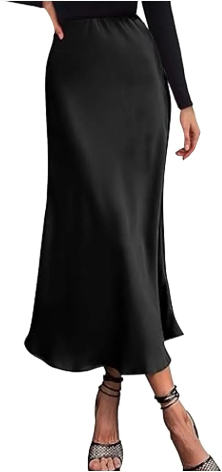 Satin Maxi Skirts for Women Elegant Elastic Waisted Flowy A-Line Swing Ruffle Long Skirt 2025 Summer Clothes