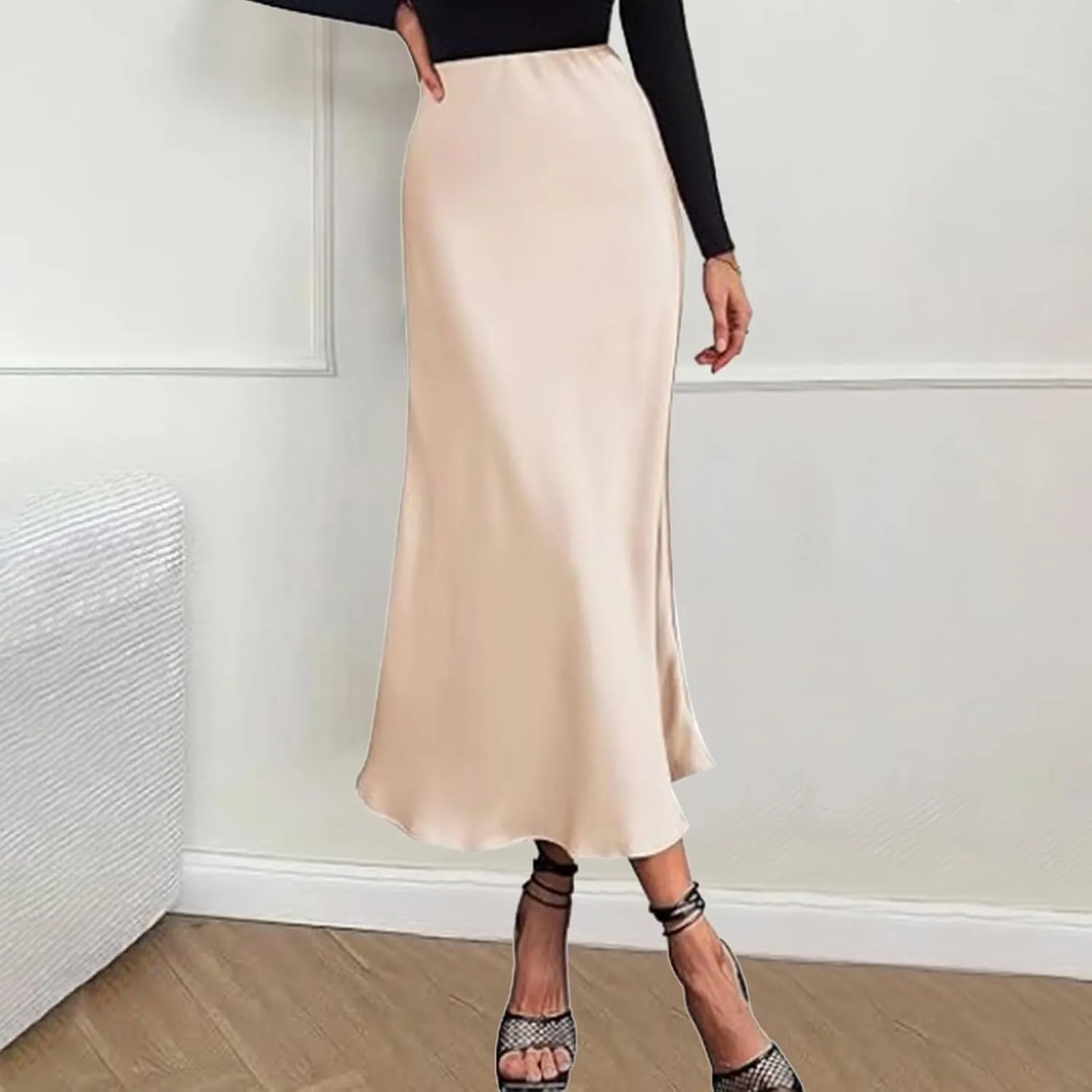 Satin Maxi Skirts for Women Elegant Elastic Waisted Flowy A-Line Swing Ruffle Long Skirt 2025 Summer Clothes