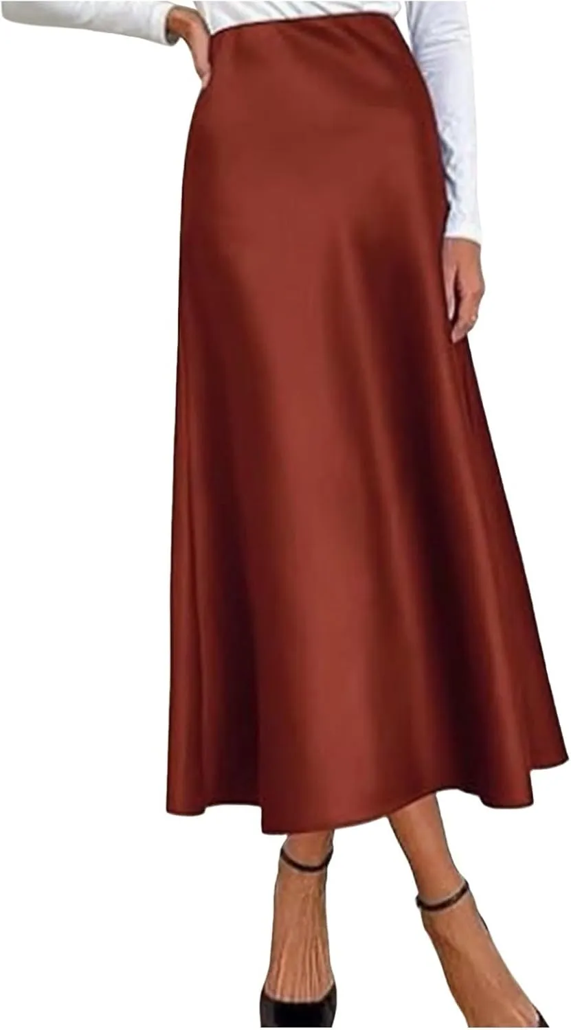 Satin Maxi Skirts for Women Elegant Elastic Waisted Flowy A-Line Swing Ruffle Long Skirt 2025 Summer Clothes