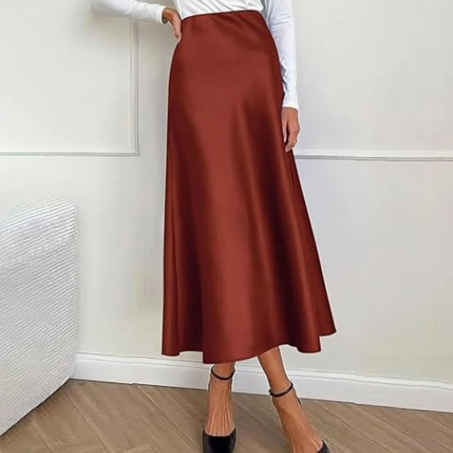 Satin Maxi Skirts for Women Elegant Elastic Waisted Flowy A-Line Swing Ruffle Long Skirt 2025 Summer Clothes