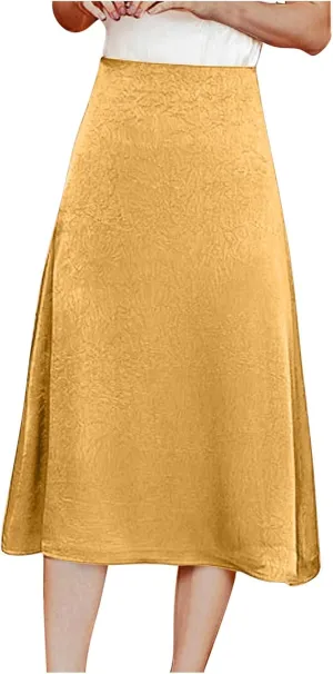 Satin Skirts for Women 2025 Fashion High Waist Midi Length A Line Skirt Solid Color Stretchy Comfy Soft A Line Skirt