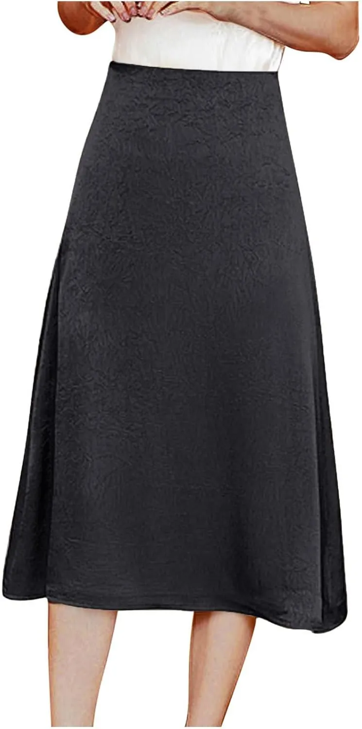 Satin Skirts for Women 2025 Fashion High Waist Midi Length A Line Skirt Solid Color Stretchy Comfy Soft A Line Skirt