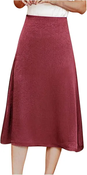 Satin Skirts for Women 2025 Fashion High Waist Midi Length A Line Skirt Solid Color Stretchy Comfy Soft A Line Skirt