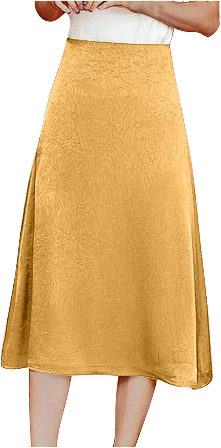 Satin Skirts for Women 2025 Fashion High Waist Midi Length A Line Skirt Solid Color Stretchy Comfy Soft A Line Skirt