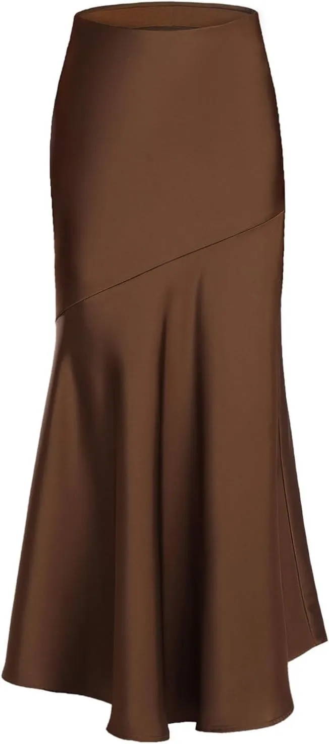 Satin Skirts for Women Trendy Elastic High Waisted Long Maxi Skirt Mermaid Hem Casual Formal Elegant Work Party Skirts