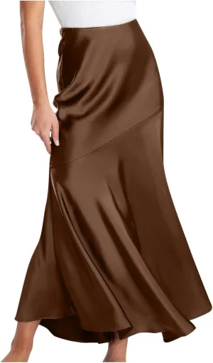 Satin Skirts for Women Trendy Elastic High Waisted Long Maxi Skirt Mermaid Hem Casual Formal Elegant Work Party Skirts