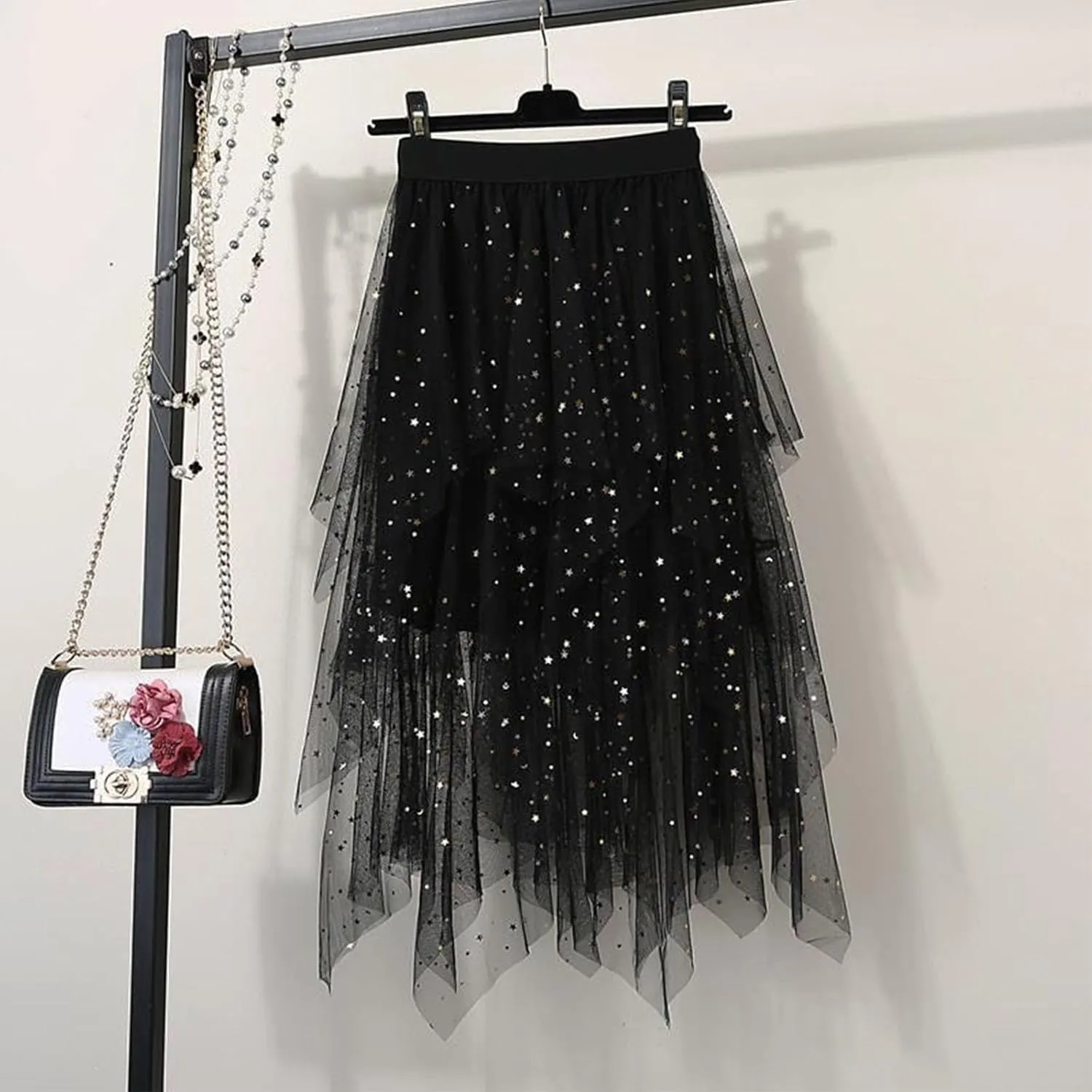 Sequin Skirt for Women Midi Long Tulle Skirts Tiered Tutu High Low Mesh Layered Elastic Waist Party Clothes