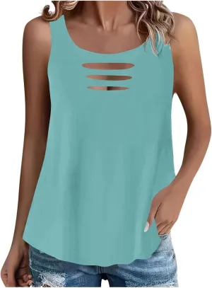 Sexy Cut Out Ripped Tank Tops for Women Distressed Sleeveless T-Shirt Summer Rock Tee Solid Color Basic Tunic Blouse