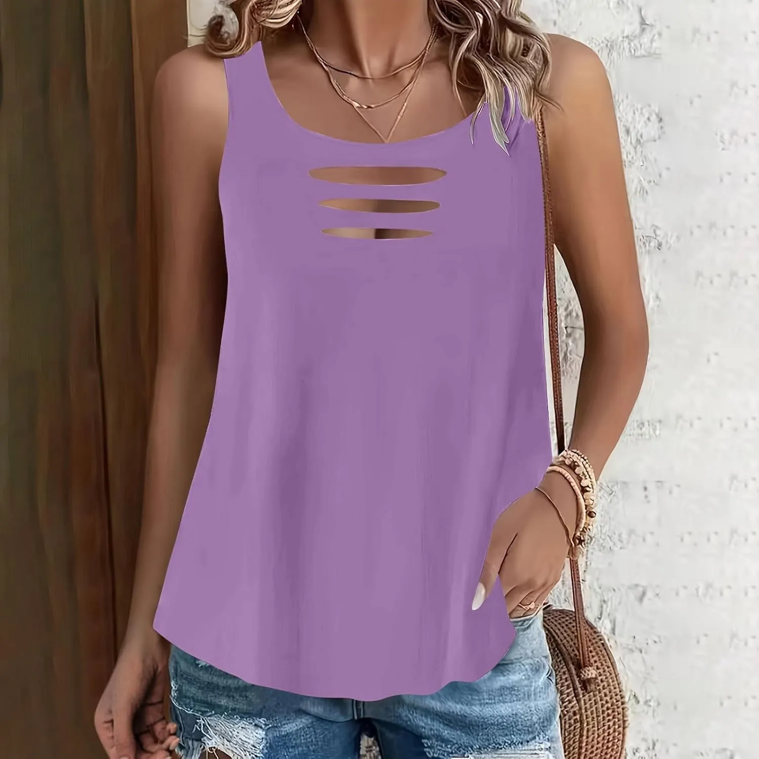Sexy Cut Out Ripped Tank Tops for Women Distressed Sleeveless T-Shirt Summer Rock Tee Solid Color Basic Tunic Blouse