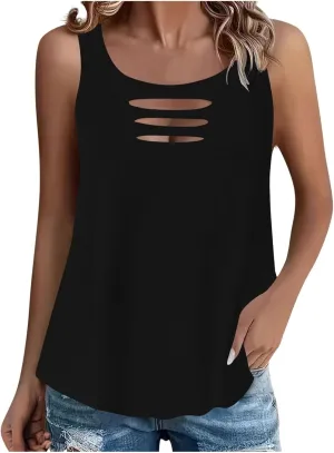Sexy Cut Out Ripped Tank Tops for Women Distressed Sleeveless T-Shirt Summer Rock Tee Solid Color Basic Tunic Blouse