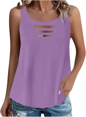 Sexy Cut Out Ripped Tank Tops for Women Distressed Sleeveless T-Shirt Summer Rock Tee Solid Color Basic Tunic Blouse