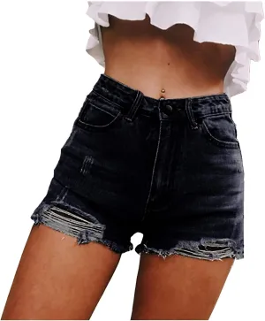 Sexy Denim Shorts for Women Cute High Waist Stretchable Boyfriend Jean Shorts Plain Color Frayed Hem Hot Short Pants