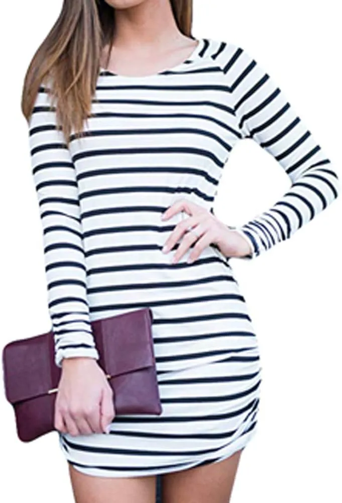 Sherosa Womens Basic Casual Long Sleeve Slim Fit T Shirt Dress Tunic Top