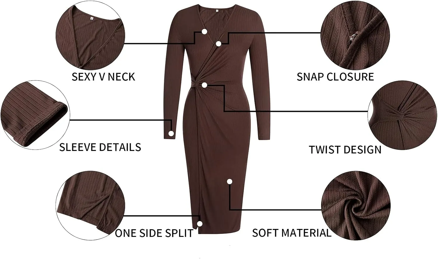 SHIBEVER Women's Long Sleeve Dress: Midi Casual V Neck Twist Waist Ribbed Knit Bodycon Slit Cocktail Party Dresses