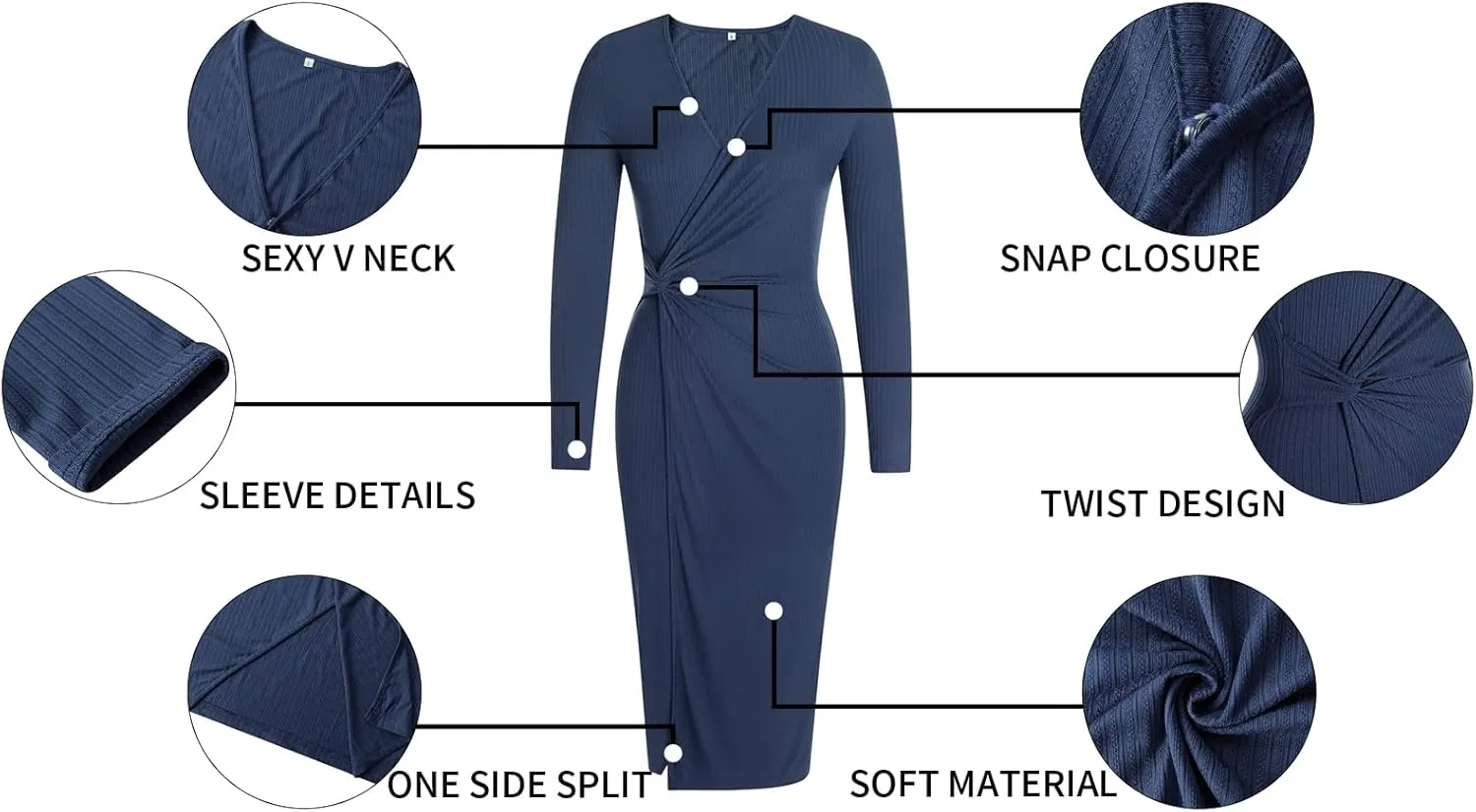SHIBEVER Women's Long Sleeve Dress: Midi Casual V Neck Twist Waist Ribbed Knit Bodycon Slit Cocktail Party Dresses