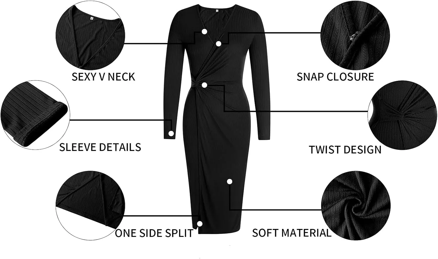 SHIBEVER Women's Long Sleeve Dress: Midi Casual V Neck Twist Waist Ribbed Knit Bodycon Slit Cocktail Party Dresses