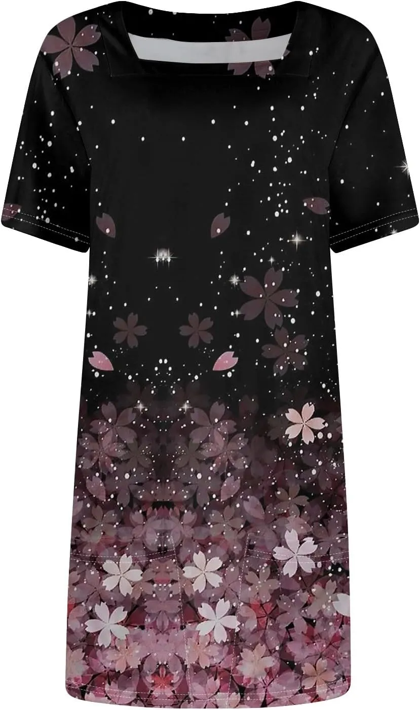 Shirt Dresses for Women Summer Boho Dress Square Neck Short Sleeve Cute Mini Dresses Tummy Control with Pockets