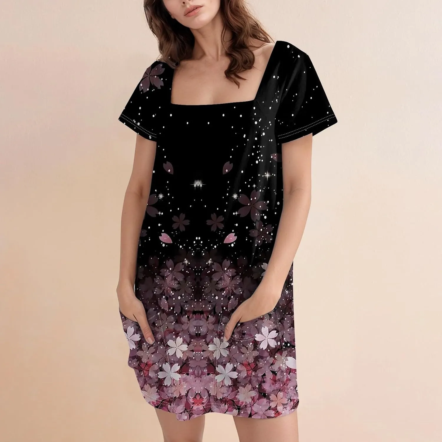 Shirt Dresses for Women Summer Boho Dress Square Neck Short Sleeve Cute Mini Dresses Tummy Control with Pockets