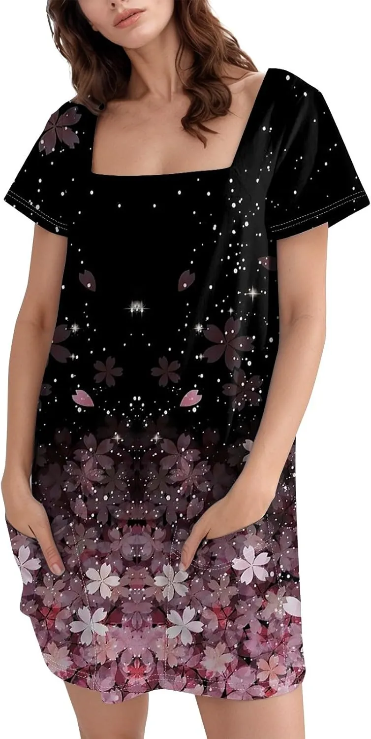 Shirt Dresses for Women Summer Boho Dress Square Neck Short Sleeve Cute Mini Dresses Tummy Control with Pockets