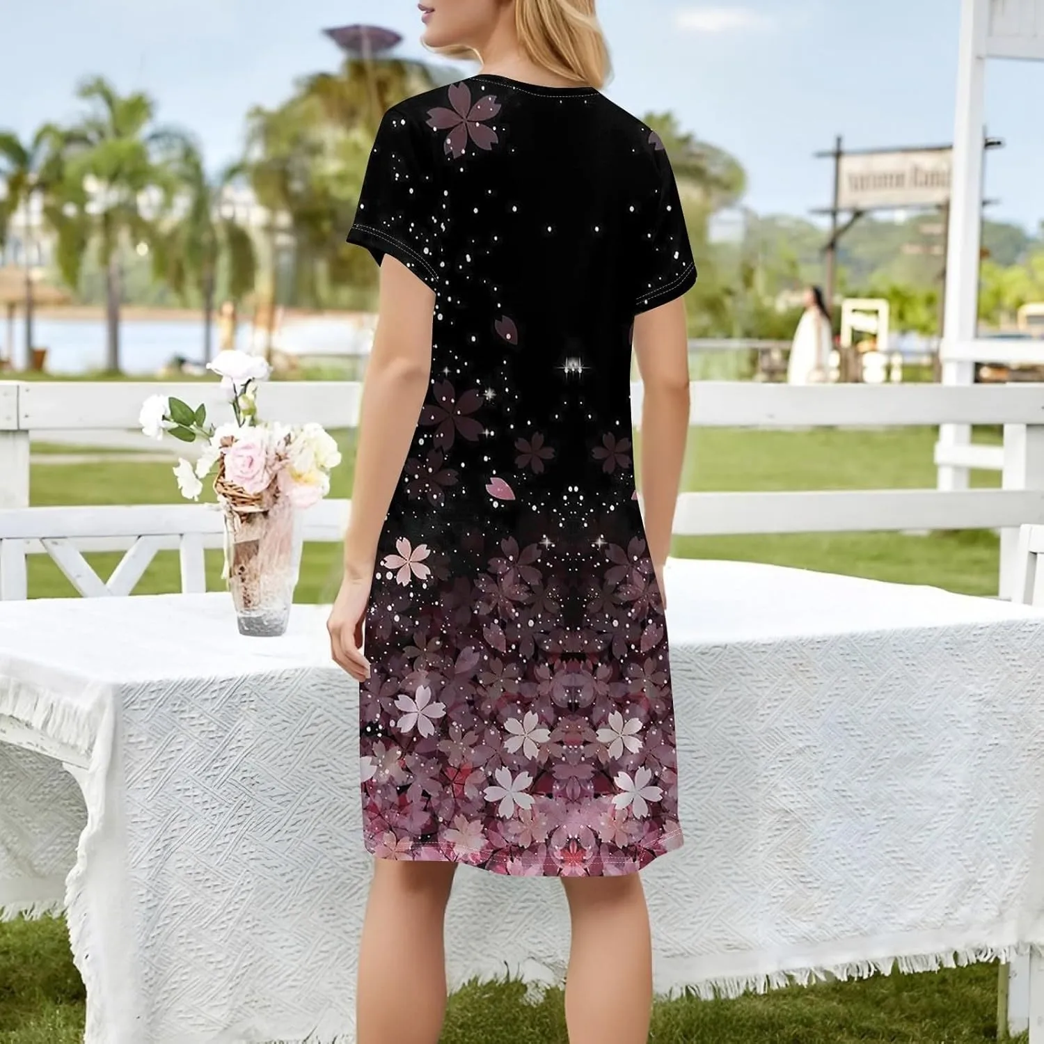 Shirt Dresses for Women Summer Boho Dress Square Neck Short Sleeve Cute Mini Dresses Tummy Control with Pockets