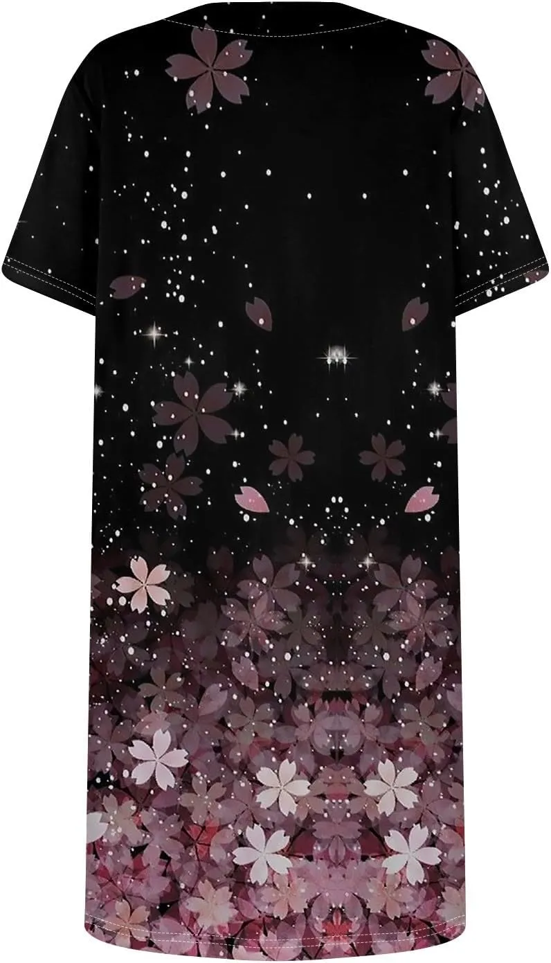 Shirt Dresses for Women Summer Boho Dress Square Neck Short Sleeve Cute Mini Dresses Tummy Control with Pockets