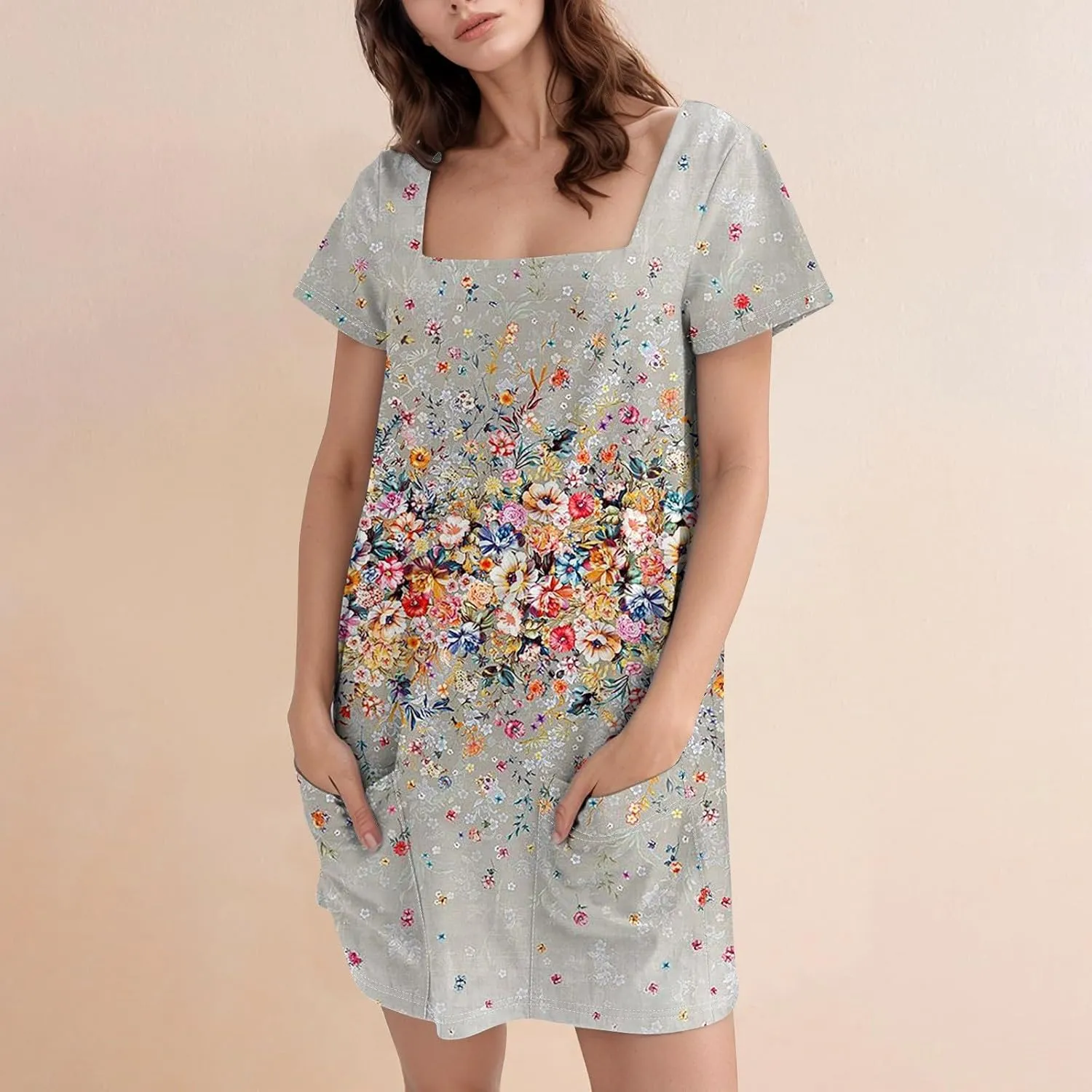 Short Dress for Women Summer Elegant Dresses Square Neck Short Sleeve Loose Fit T-Shirt Dress with Pockets
