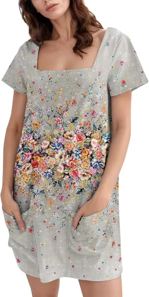Short Dress for Women Summer Elegant Dresses Square Neck Short Sleeve Loose Fit T-Shirt Dress with Pockets
