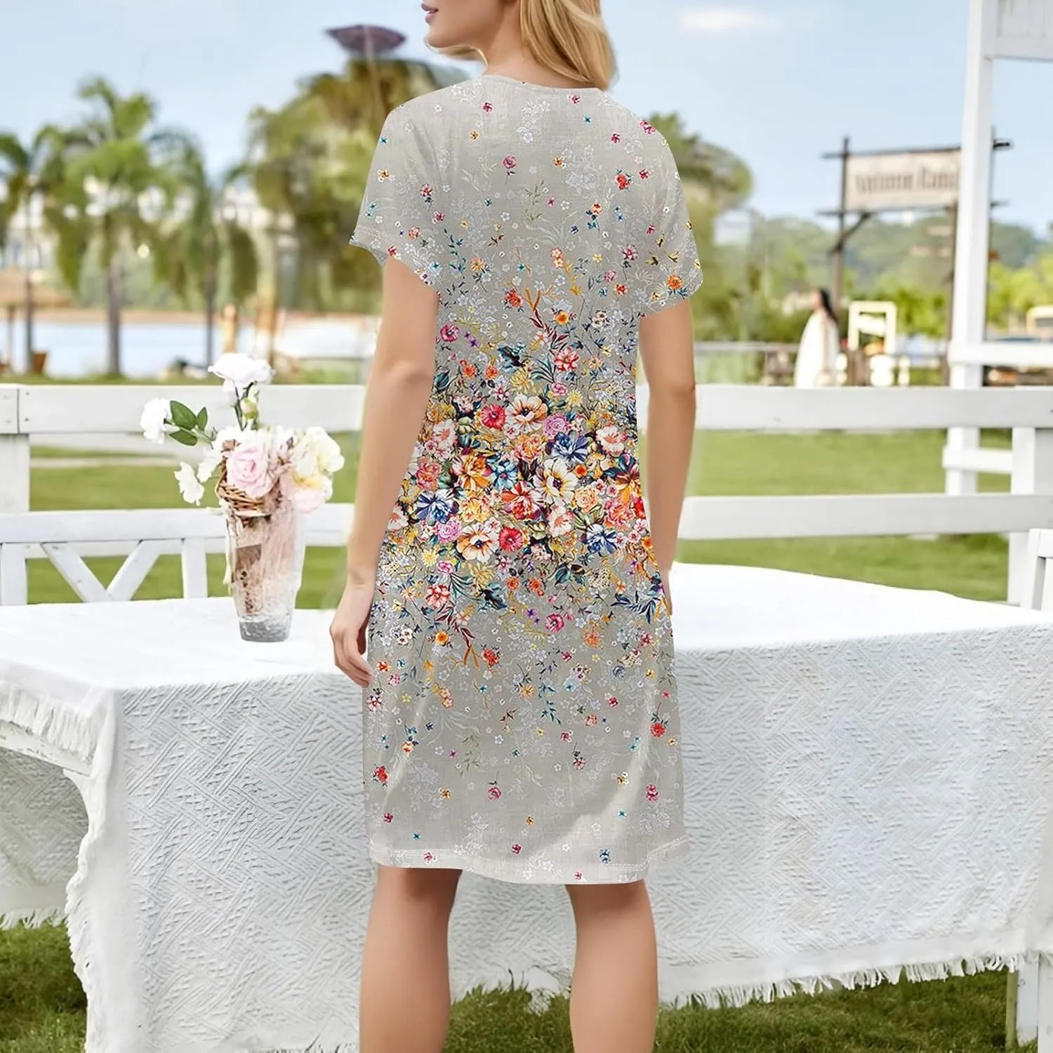 Short Dress for Women Summer Elegant Dresses Square Neck Short Sleeve Loose Fit T-Shirt Dress with Pockets