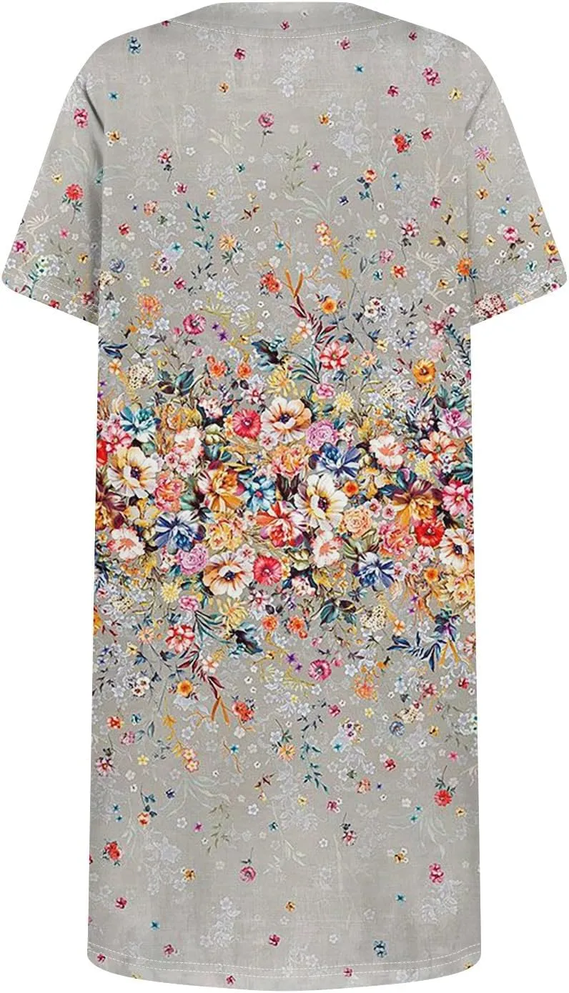 Short Dress for Women Summer Elegant Dresses Square Neck Short Sleeve Loose Fit T-Shirt Dress with Pockets