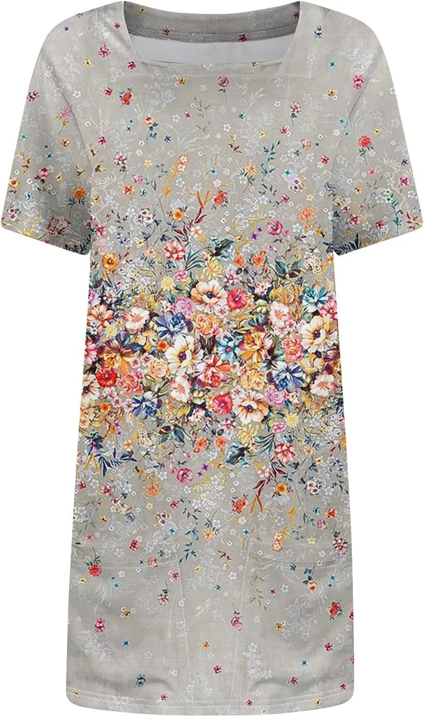 Short Dress for Women Summer Elegant Dresses Square Neck Short Sleeve Loose Fit T-Shirt Dress with Pockets